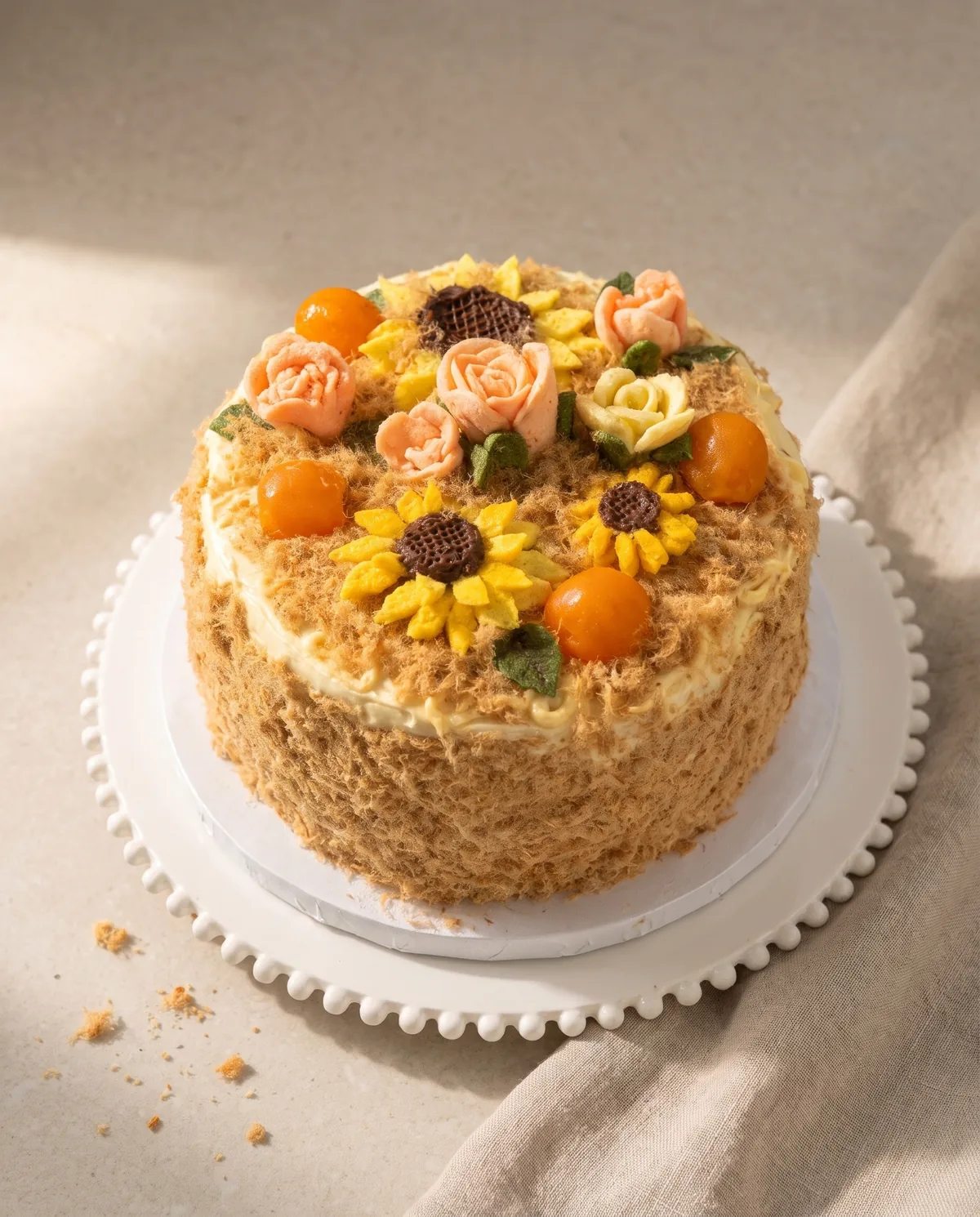 Salted egg sponge cake topped with buttercream sunflowers, peach roses and salted egg yolks