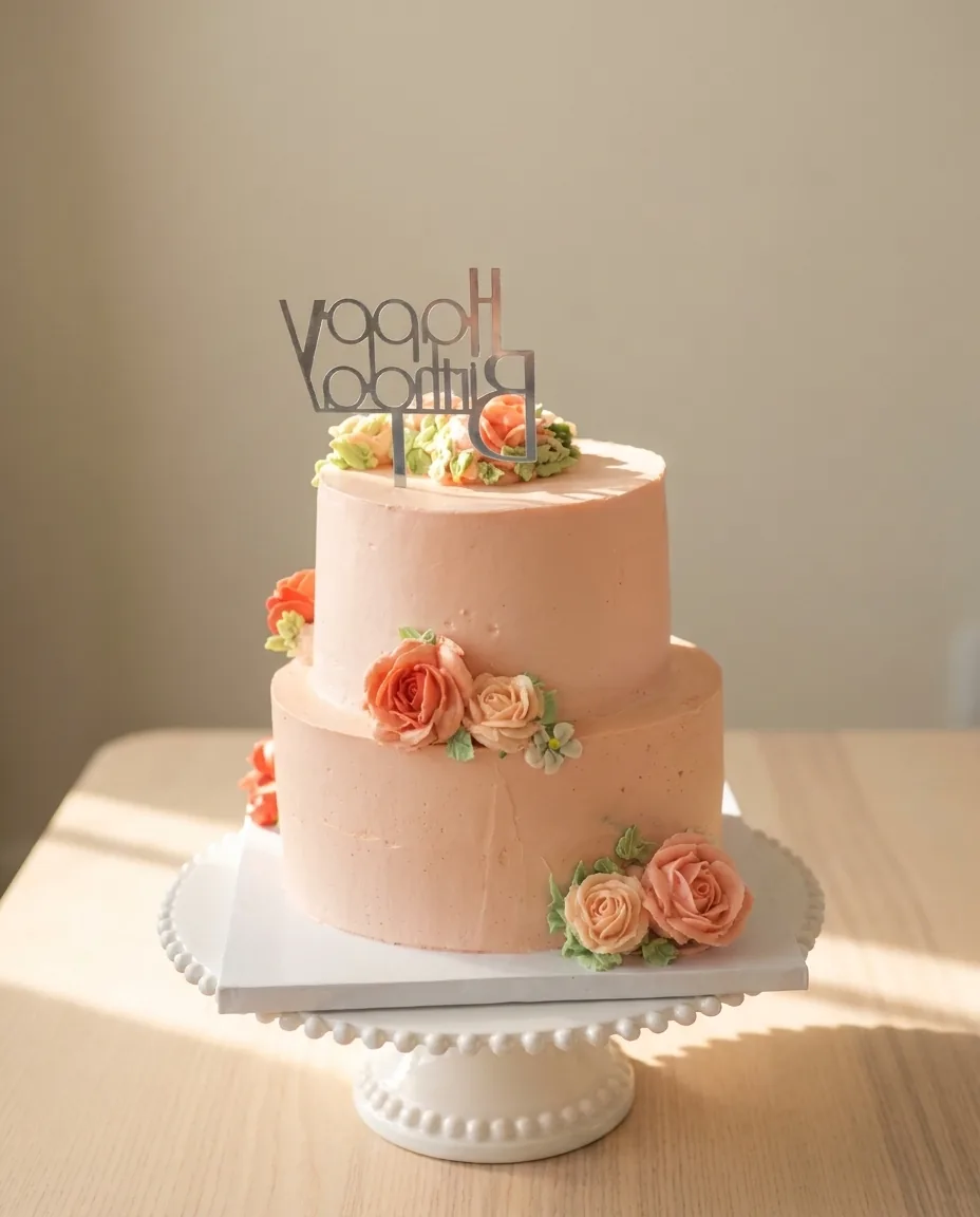 A two-tier peach cake with buttercream roses and a Happy Birthday topper seen from behind, on a white cake stand in soft morning light