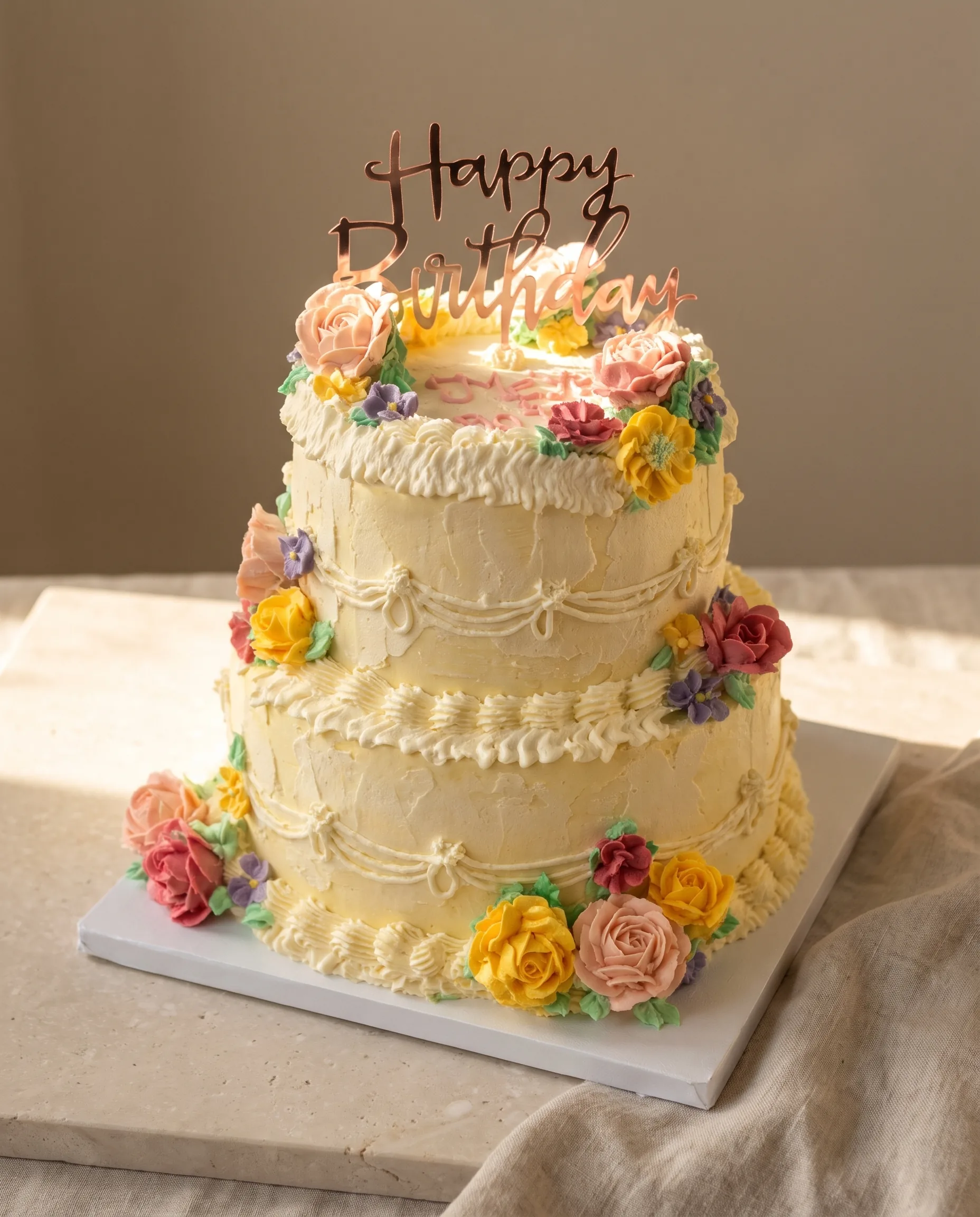 Two-tier cream birthday cake with vintage piping, colorful buttercream flowers and a rose gold Happy Birthday topper